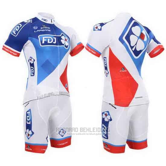 2015 Fahrradbekleidung FDJ Wei und Blau Trikot Kurzarm und Tragerhose